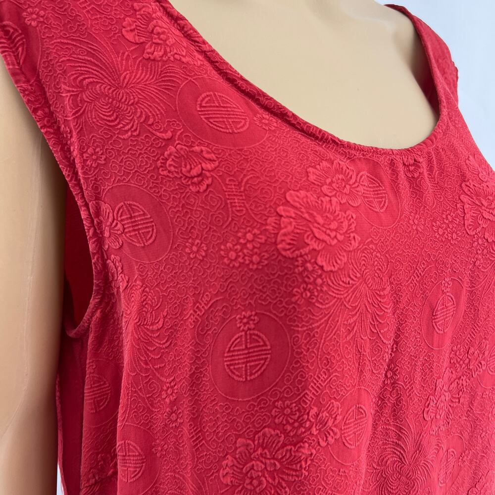 Vtg Y2K Half Moon Bay Red Silk Top XL Floral Embossed Chinese New Year Shirt